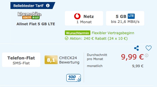 Allnet Flat 5 GB LTE Vodafone · monatlich kündbar 1 Vodafone monatlich kündbar